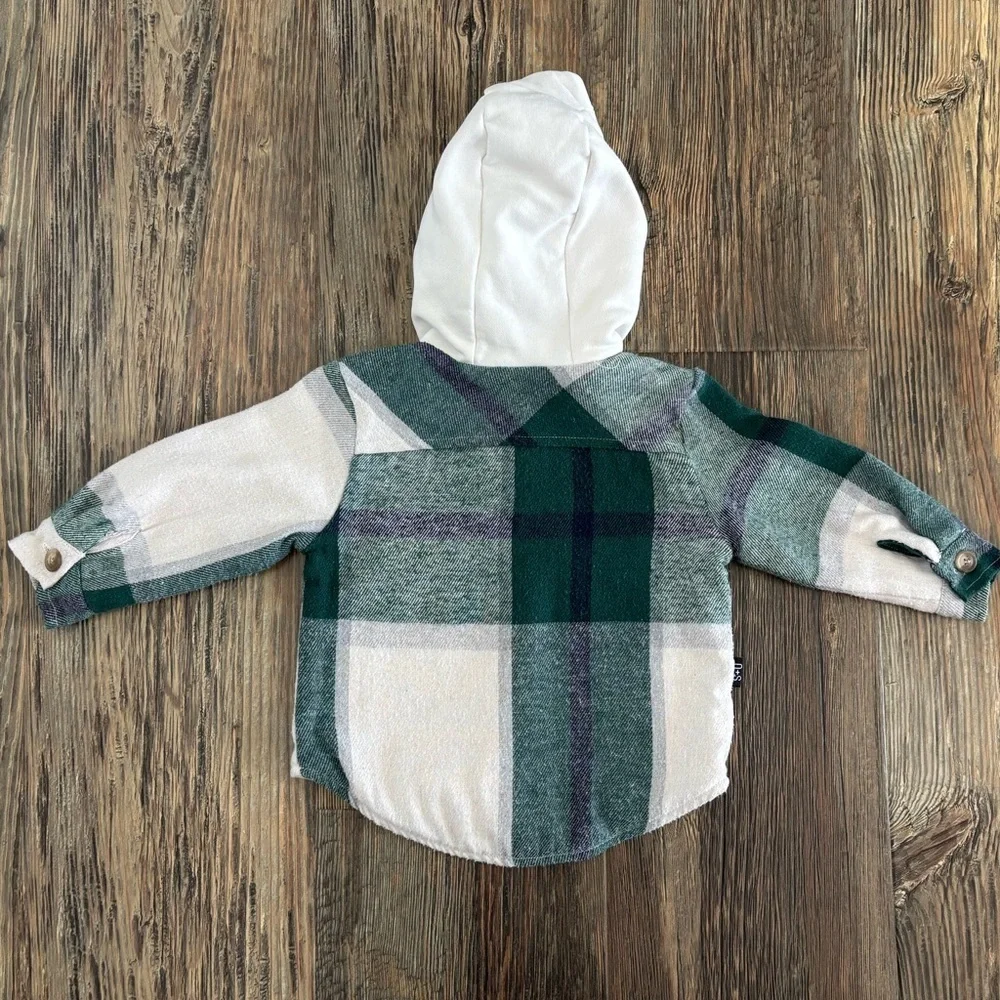 OLIVE+SCOUT Boys 6-12 Months Timber Shacket Green Plaid Hooded Flannel Jacket